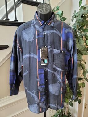 Rare Santana Button Up Shirt Men Large Navy Blue 100% Slik Long Sleeves Collared